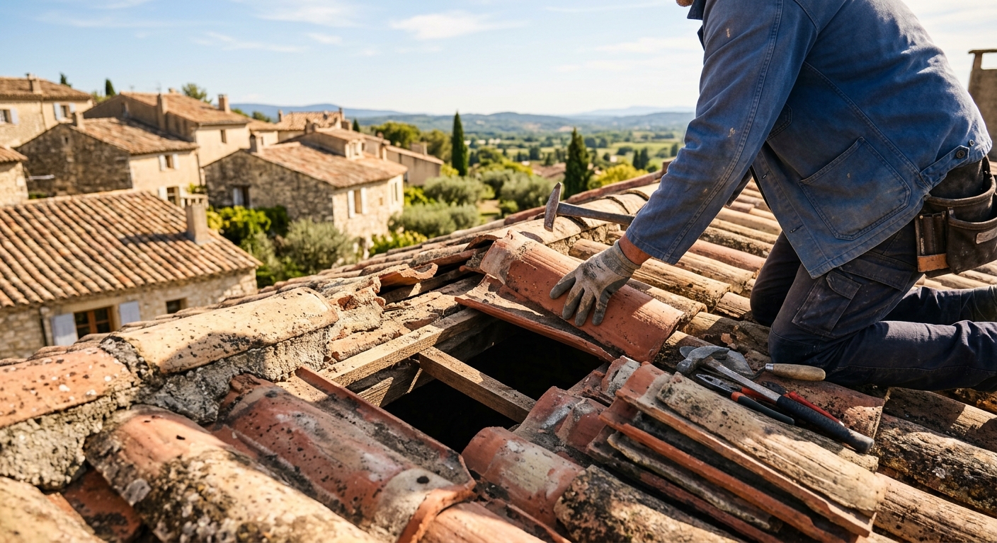 Artisan couvreur en intervention sur une toiture à Nîmes